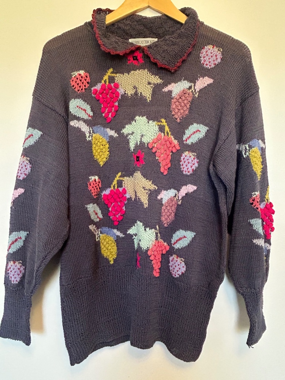 VTG Susan Duckworth Cable Grapes Hand Knit Sweater England Chunky 1988 Cotton